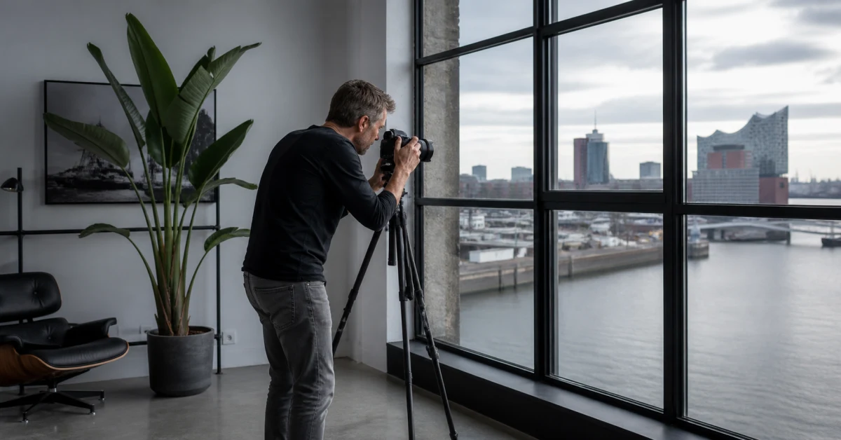 Mann an der Kamera auf Stativ am großen Fenster, Blick über die Dächer der Stadt