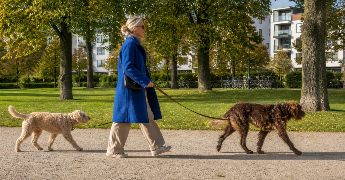 Frau geht mit zwei Hunden an der Leine durch einen Park