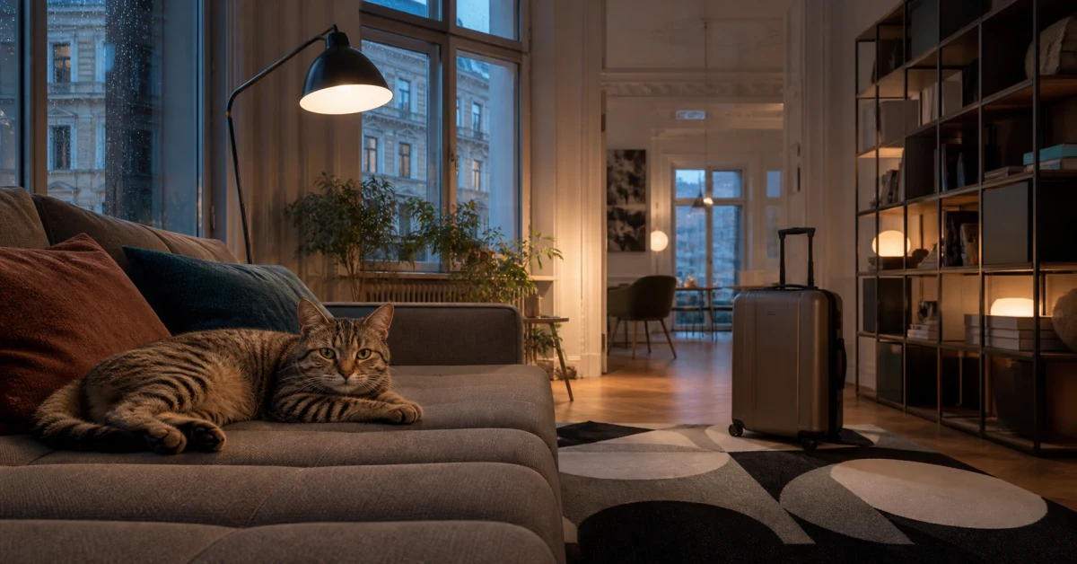 Abendliches Wohnzimmer mit schlafender Katze auf dem Sofa und Koffer daneben