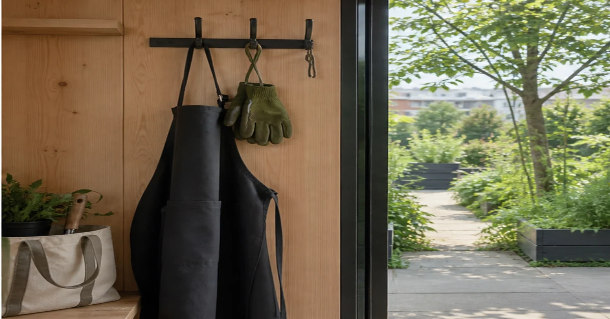 Arbeitsschürze und Gartenhandschuhe ordentlich an einer Hakenleiste aufgehängt