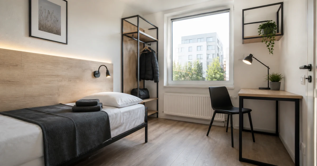 Einfaches sauberes Zimmer: gemachtes Einzelbett, Lampe, gefaltete Handtücher