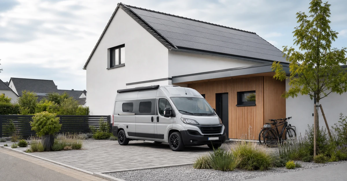 Weißer Campervan in der Einfahrt eines Backsteinhauses im Morgenlicht