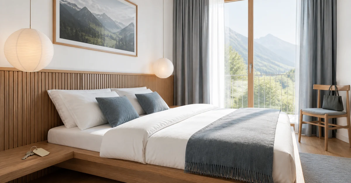 Helles Gästezimmer mit gemachtem Bett, Schlüssel auf dem Nachttisch